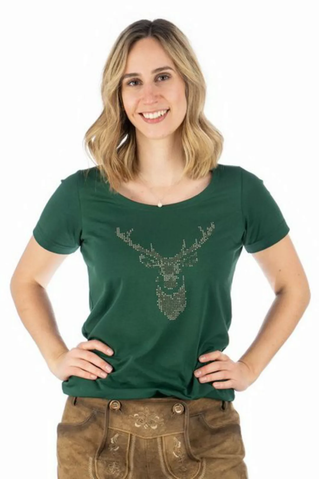 OS-Trachten Trachtenshirt Uginoy Kurzarm T-Shirt mit Strass-Hirsch auf der günstig online kaufen