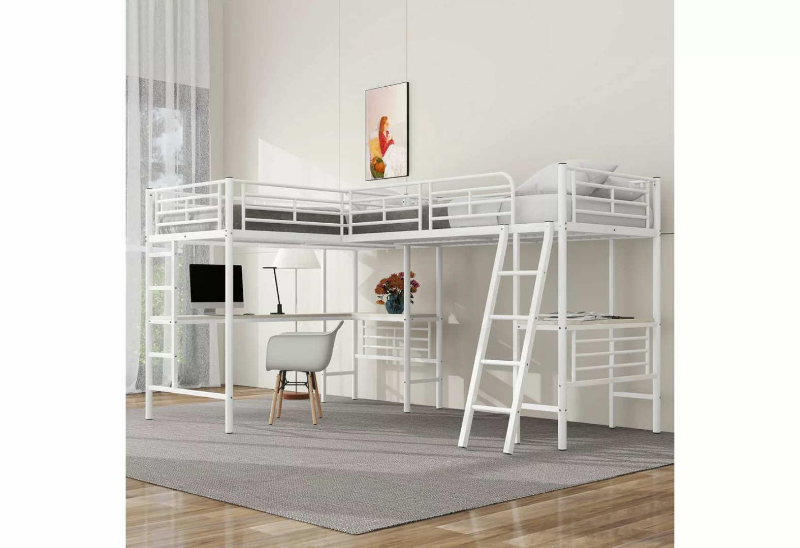 MODFU Hochbett zwei Etagenbetten, Tisch unter dem Bett, Doppeltreppe, hohes günstig online kaufen