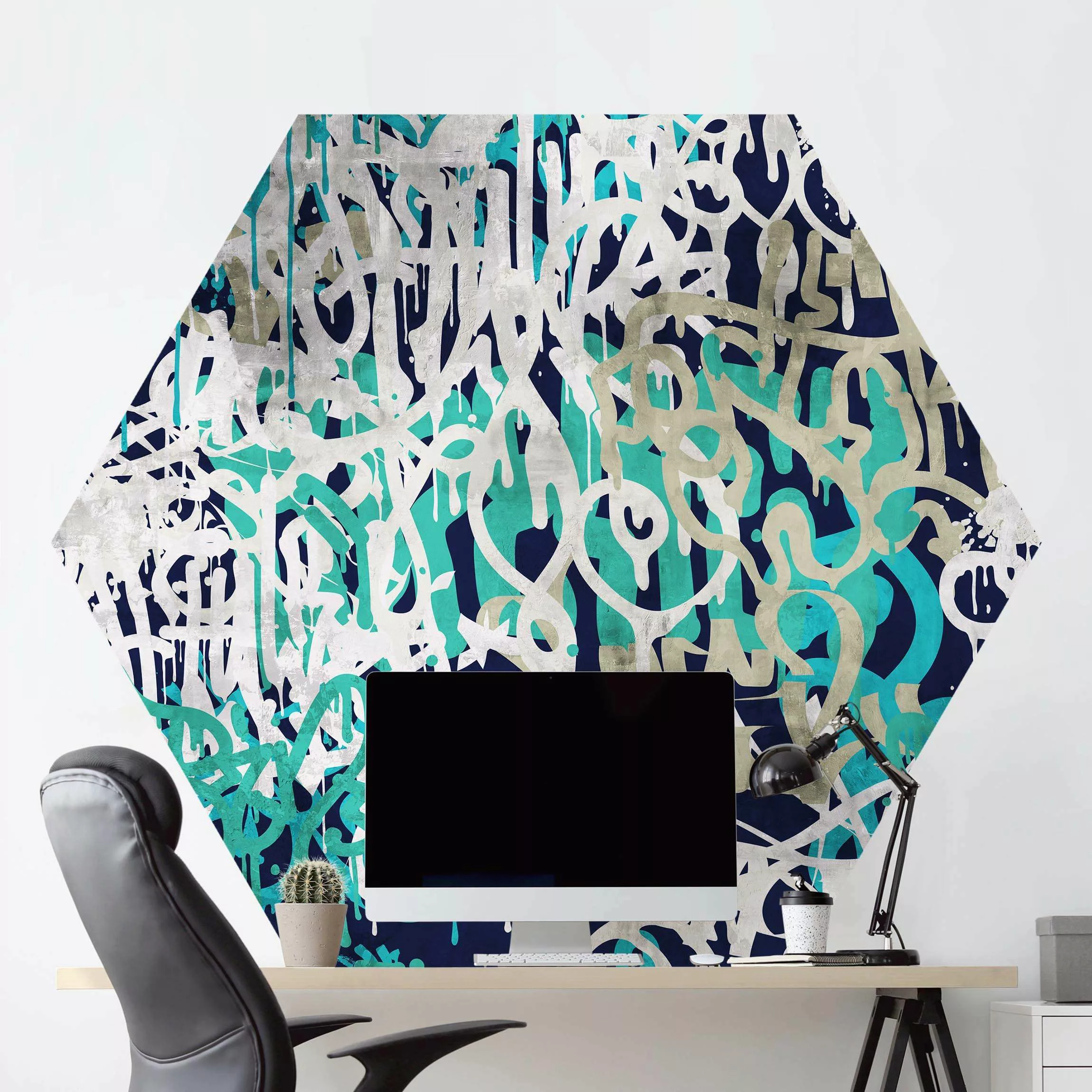 Hexagon Mustertapete selbstklebend Graffiti Art Tagged Wall Türkis günstig online kaufen