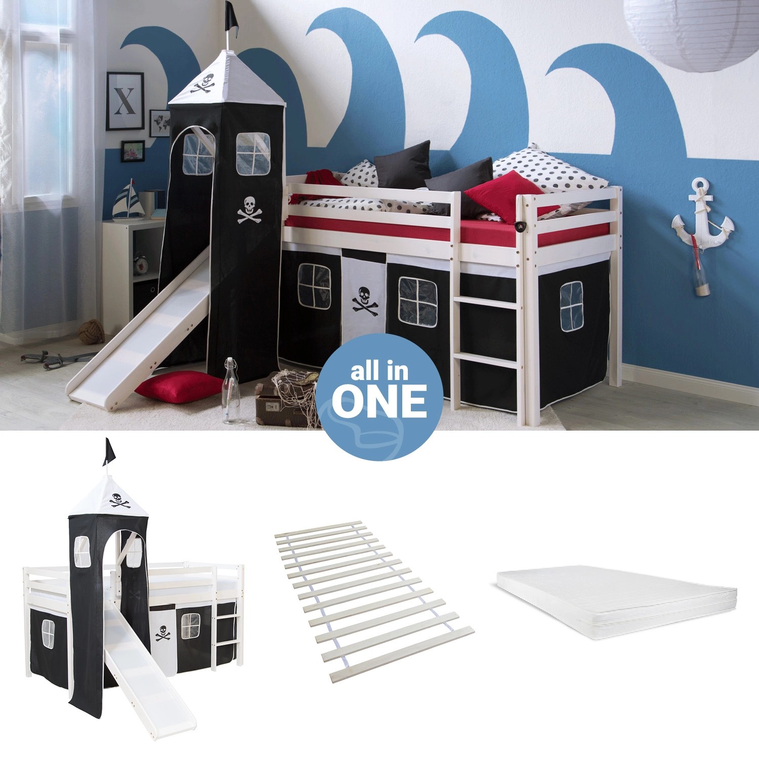 Homestyle4u Hochbett 90x200 mit Vorhang Lattenrost Matratze Rutsche Turm in günstig online kaufen