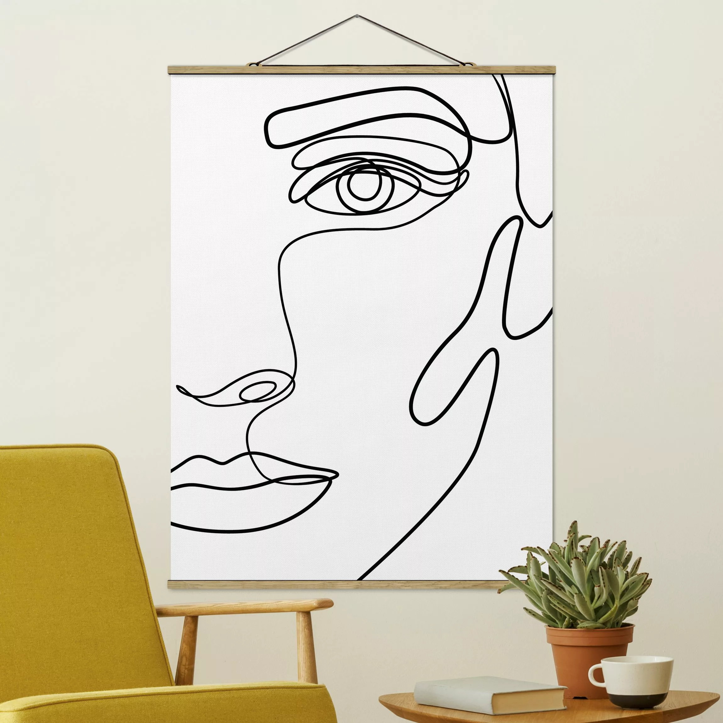 Stoffbild Abstrakt mit Posterleisten - Hochformat Line Art Portrait Frau Sc günstig online kaufen