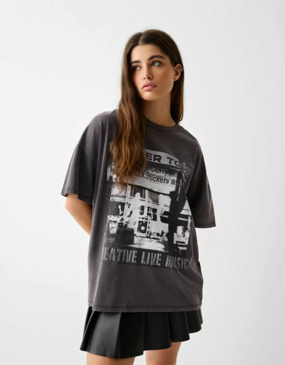 Bershka T-Shirt Mit Print Damen L Grau günstig online kaufen