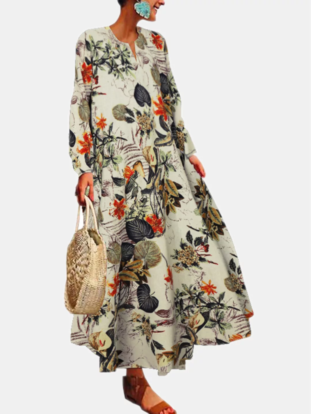 Blumendruck V-Ausschnitt Long SLeeves Casual Kleid günstig online kaufen