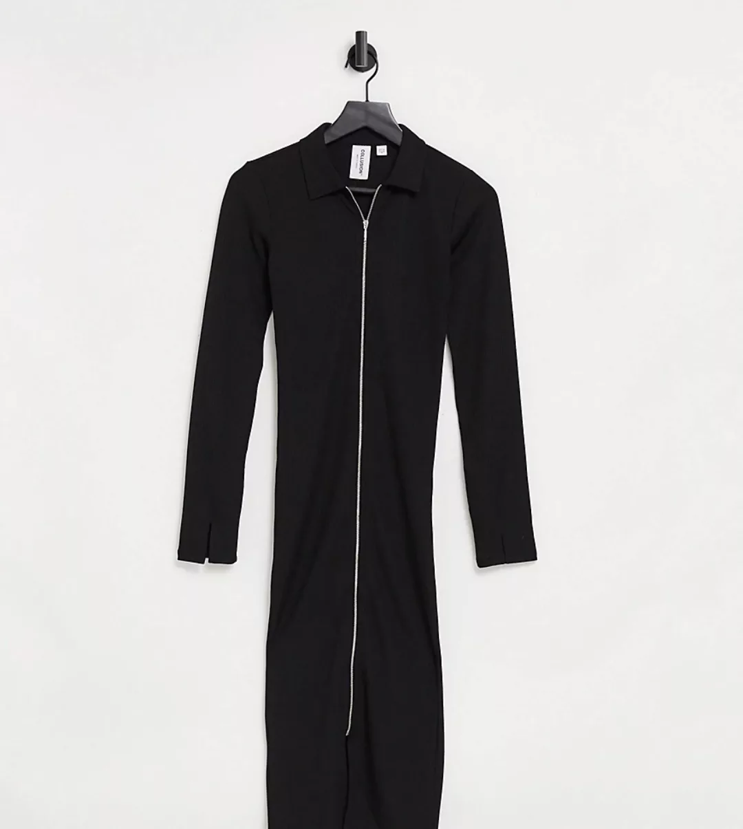 COLLUSION – Langärmliges Kleid in Schwarz mit Reißverschluss vorne günstig online kaufen
