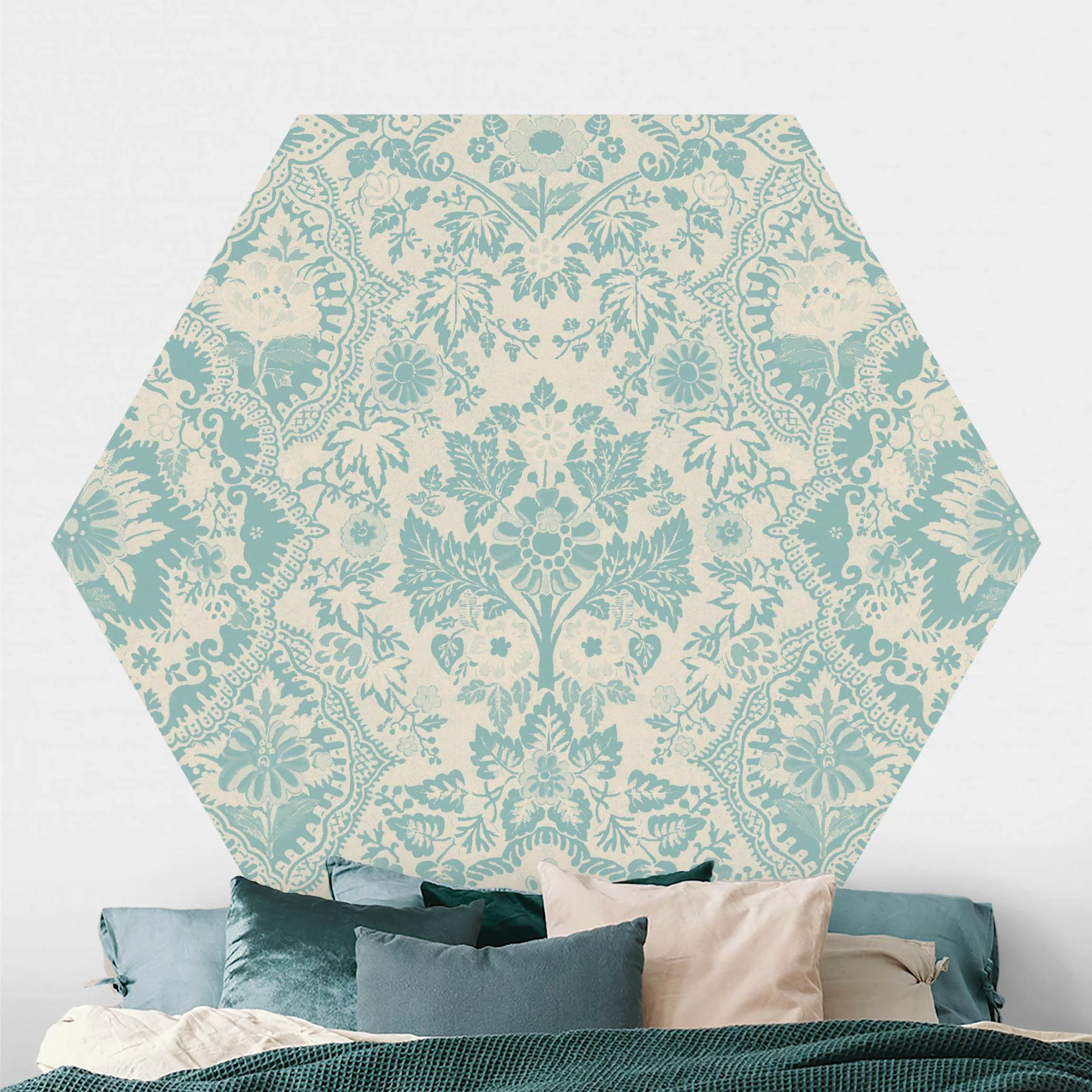 Hexagon Mustertapete selbstklebend Shabby Barocktapete in Azur günstig online kaufen