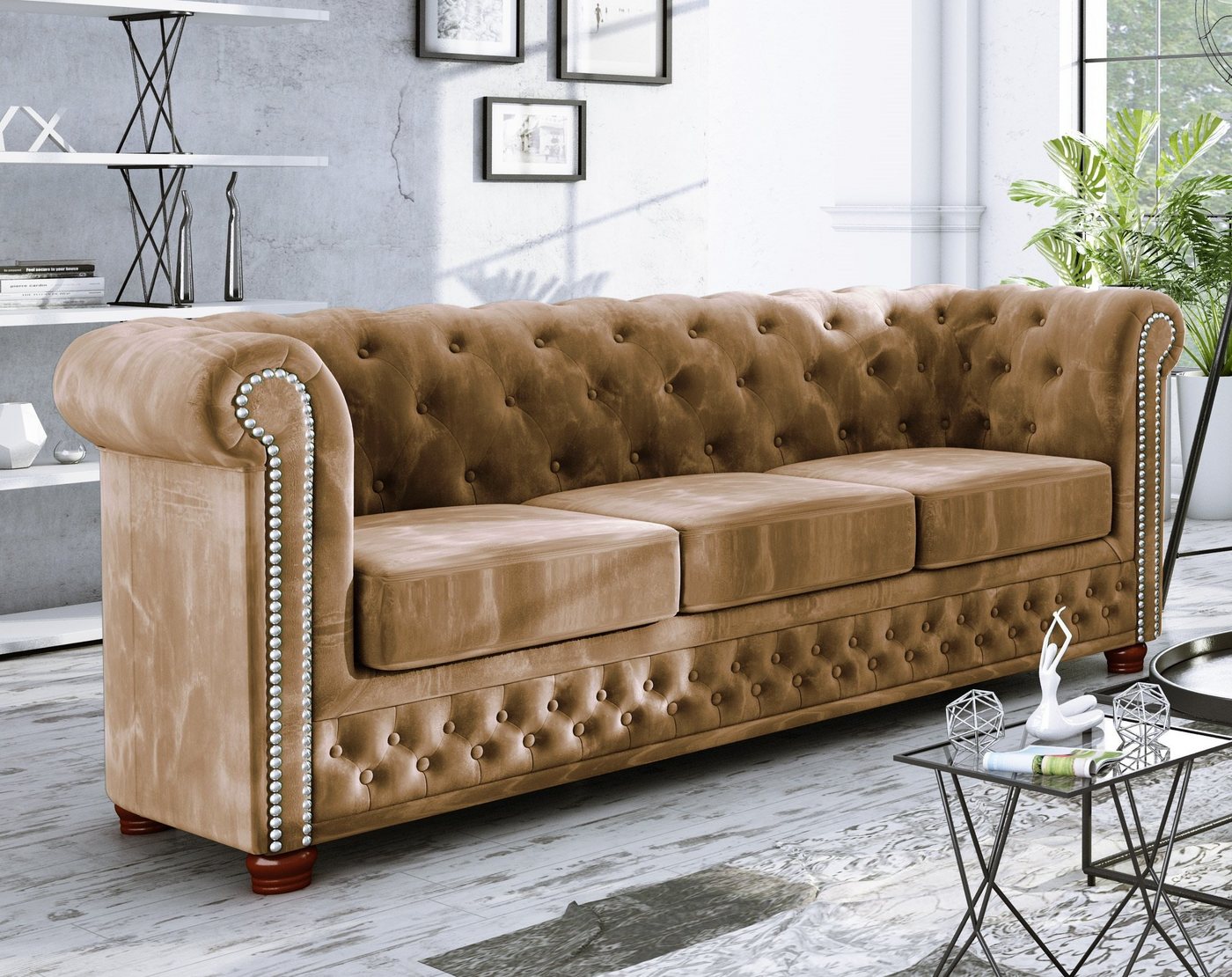 S-Style Möbel Chesterfield-Sofa Leeds 3-Sitzer aus Samt-Stoff mit Holzfüßen günstig online kaufen