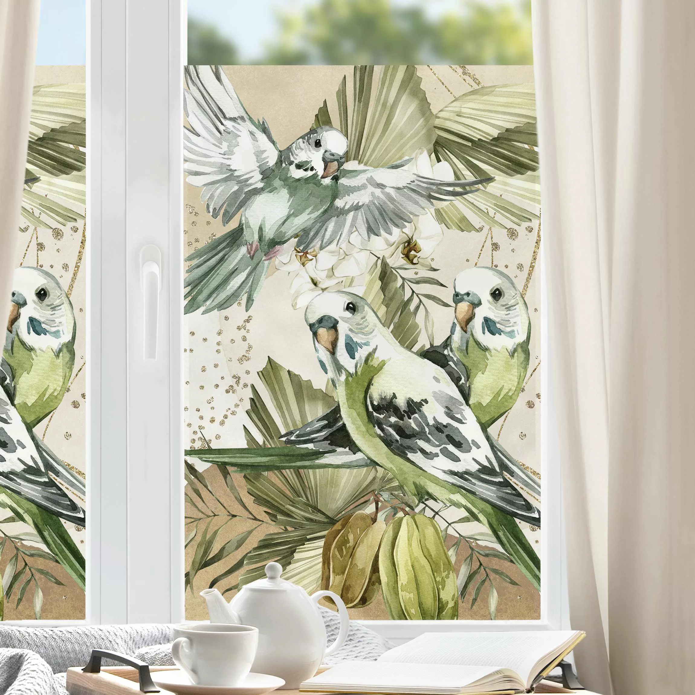 Fensterfolie Tropische Vögel - Grüne Wellensittiche günstig online kaufen