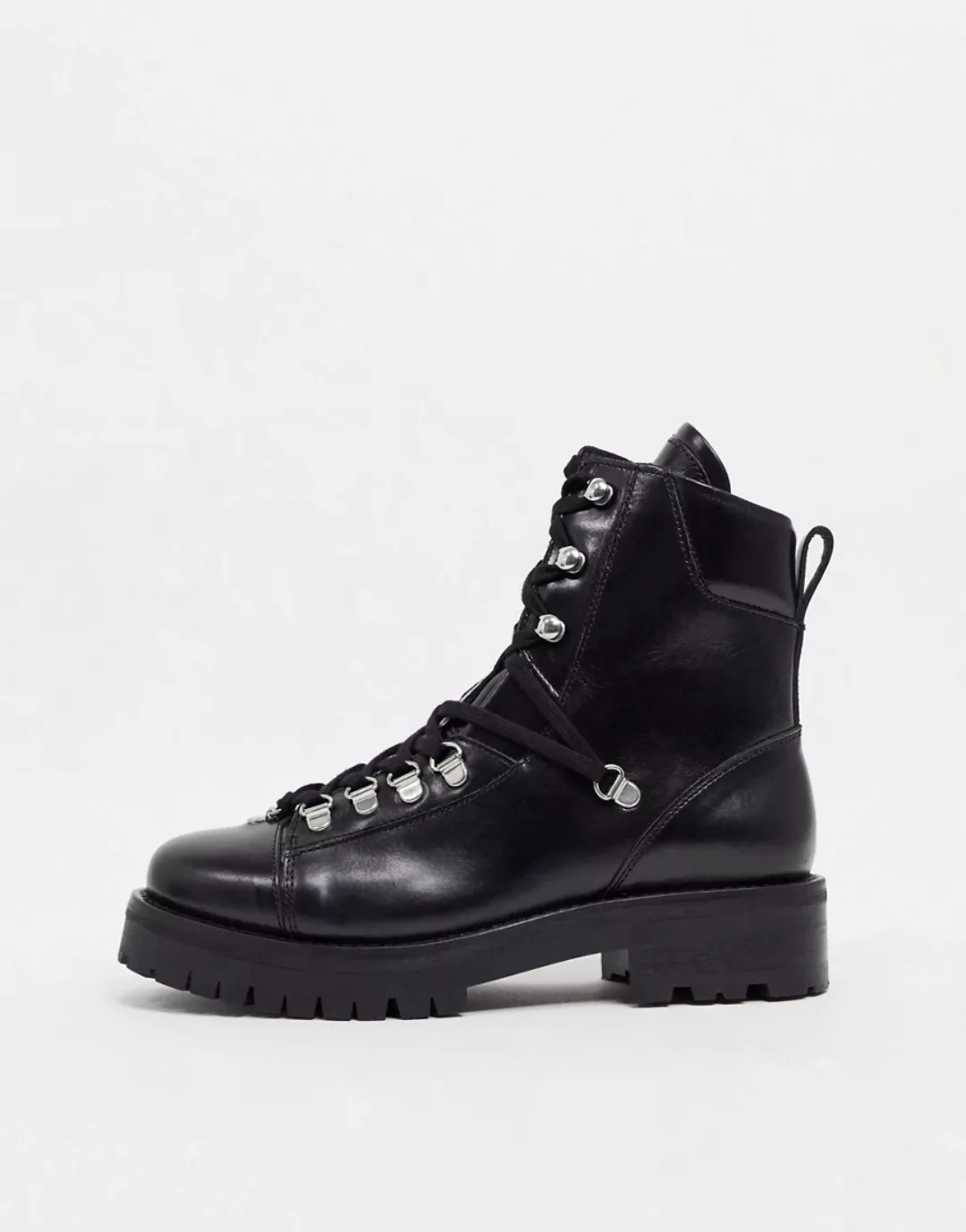 AllSaints – Franka – Schwarze Wanderstiefel aus Leder günstig online kaufen