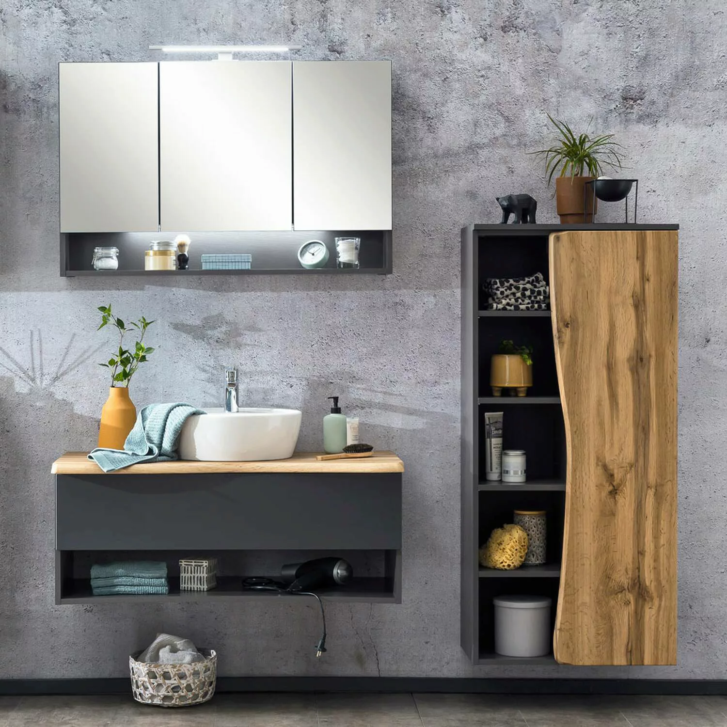 Badezimmermöbel Set in anthrazit mit Wotan Eiche Nb. in Baumkantenoptik KAH günstig online kaufen