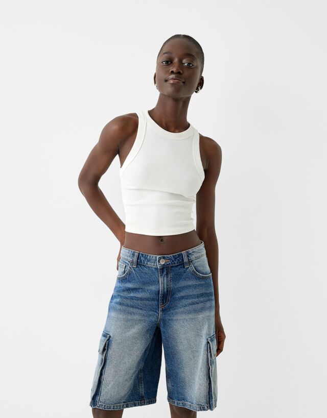 Bershka Jeans-Bermudashorts Im Baggy- Und Cargo-Stil Damen 32 Blau günstig online kaufen