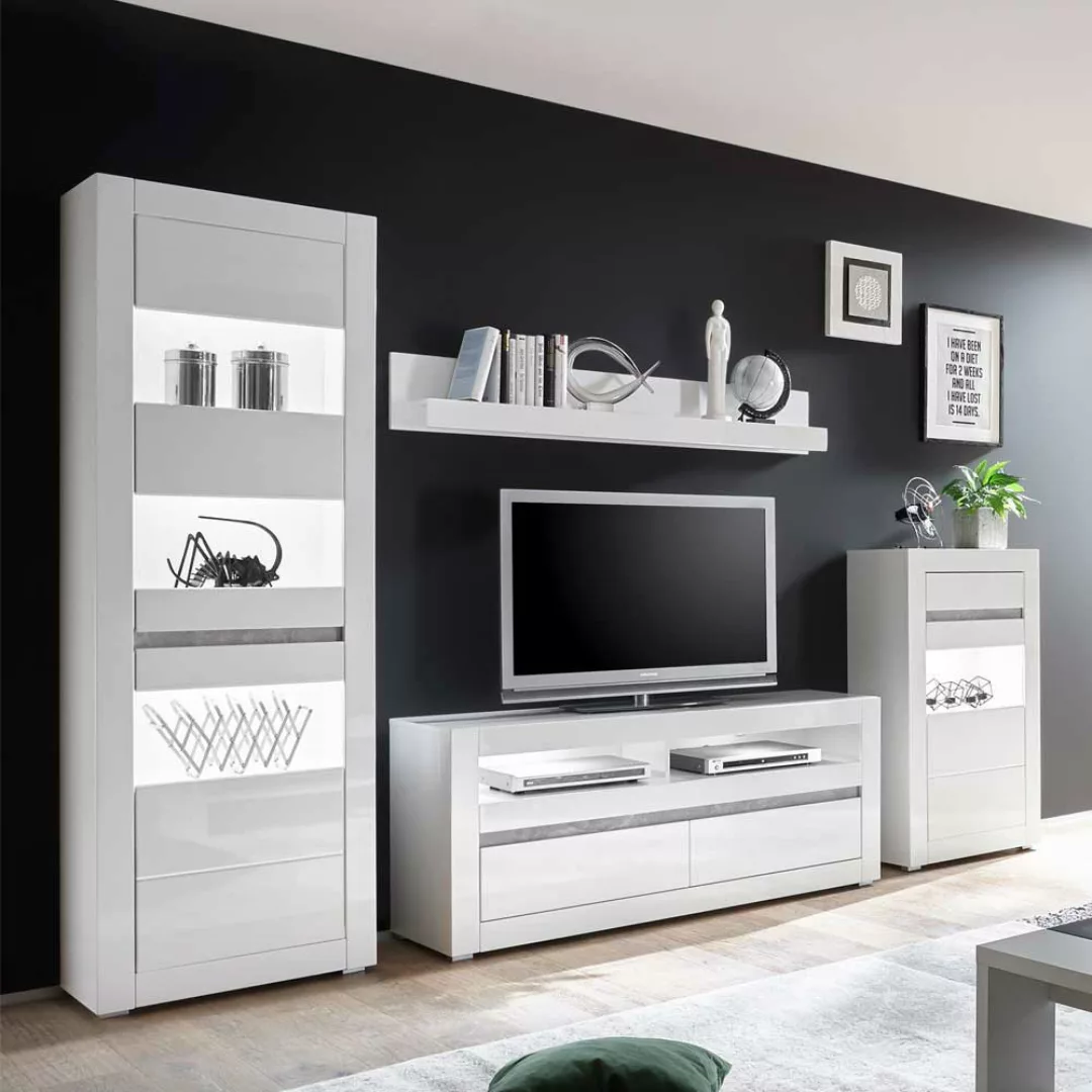 Wohnzimmer Schrankwand in Weiß Hochglanz Beton Grau (vierteilig) günstig online kaufen