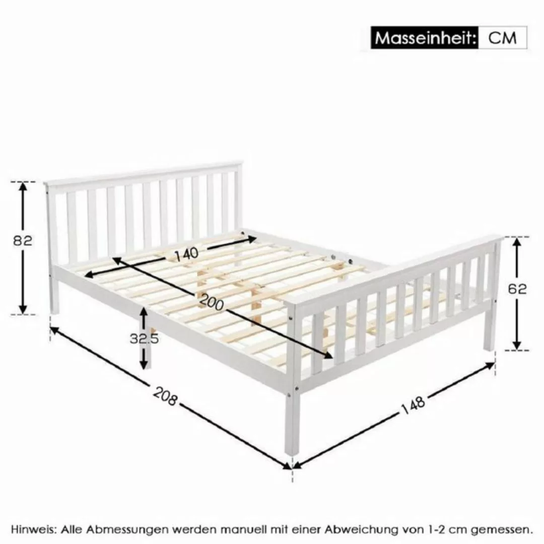 Celya Holzbett Doppelbett 140 x 200 cm Weiß, Massivholzbett mit Lattenroste günstig online kaufen