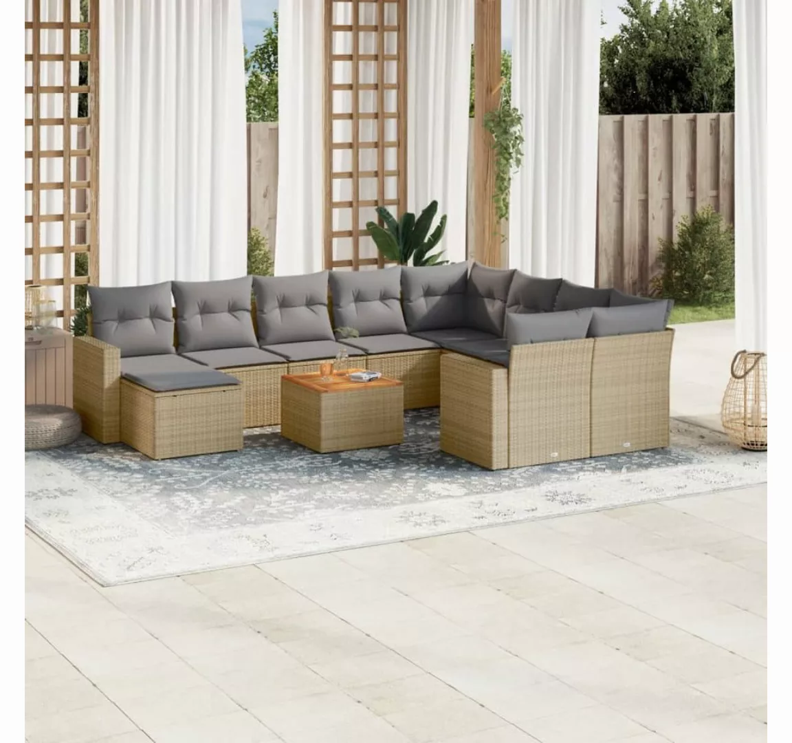 vidaXL Loungesofa 11-tlg. Garten-Sofagarnitur mit Kissen Beige Poly Rattan, günstig online kaufen