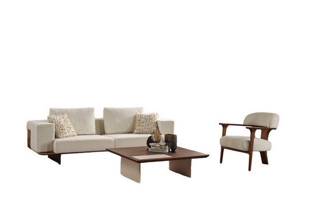 JVmoebel Sofa Modern Weiß Sofagarnitur 3 1 Sitzer Textil Holz Sessel Komple günstig online kaufen