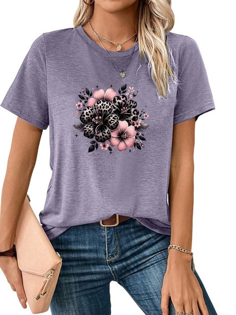 PYL Kurzarmshirt Damen Sommer Casual T-Shirt mit Blume Print Tee günstig online kaufen