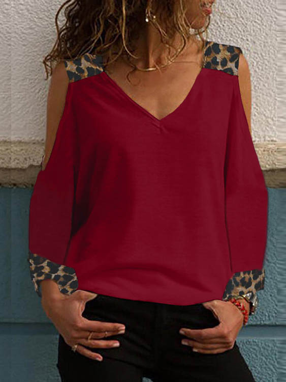 YOINS Burgunder Leopard Patchwork Kalte Schulter Langarm T-Shirt günstig online kaufen