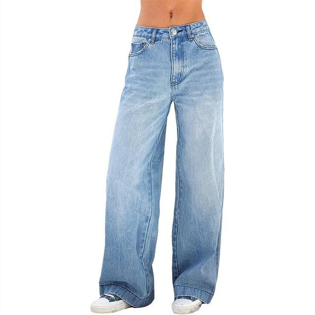 RUZU UG Straight-Jeans Damen Hoher Taille Jeanshosen Wide Leg Schlaghose Ba günstig online kaufen