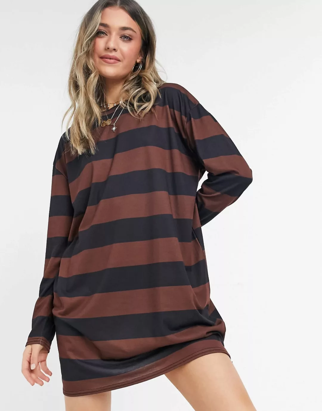 ASOS DESIGN – Langärmliges Oversize-Shirtkleid in Schokoladenbraun mit schw günstig online kaufen