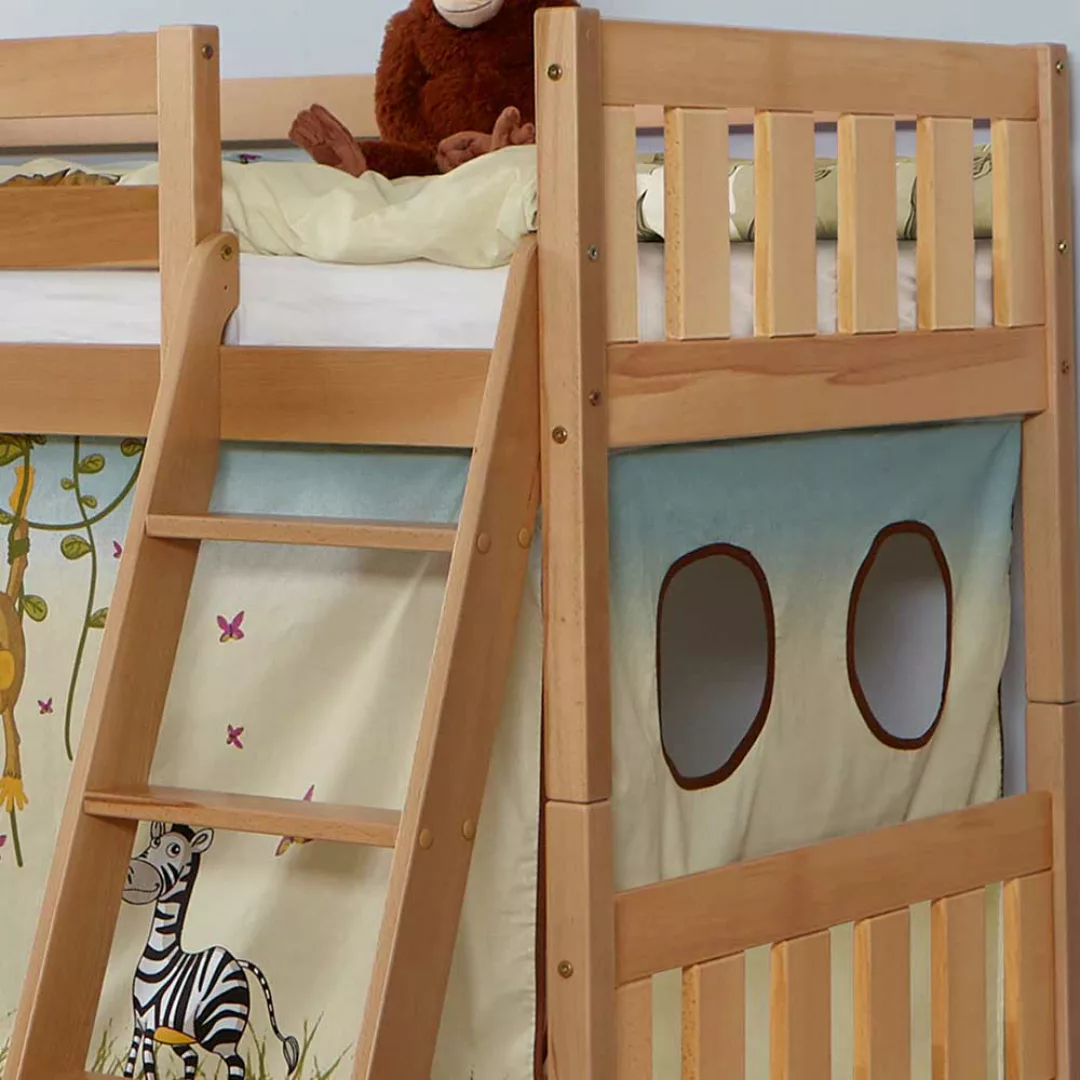 Kinderzimmer Stockbett aus Buche Massivholz Vorhang im Zootier Design günstig online kaufen