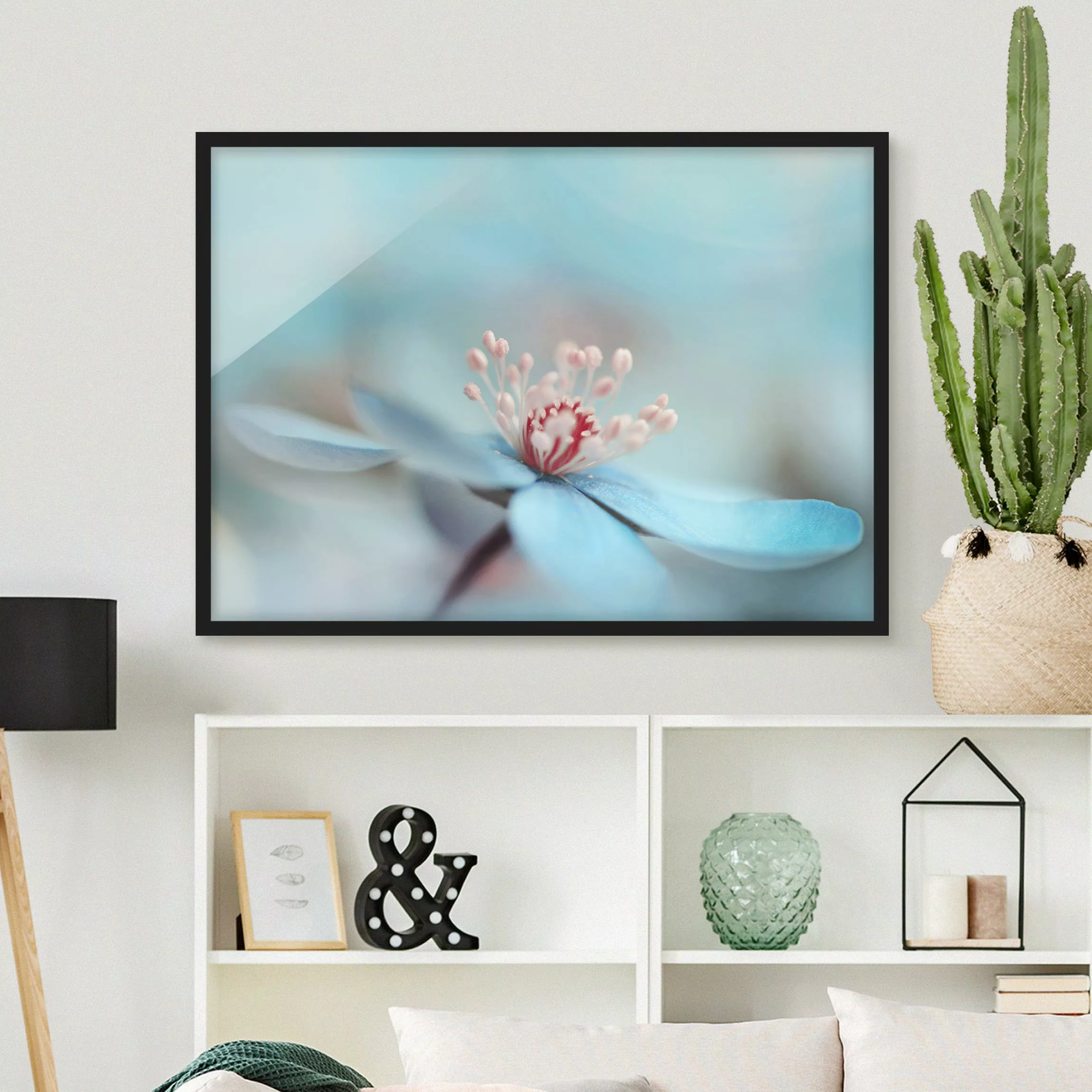 Bild mit Rahmen Blumen - Querformat Blüten in Hellblau günstig online kaufen
