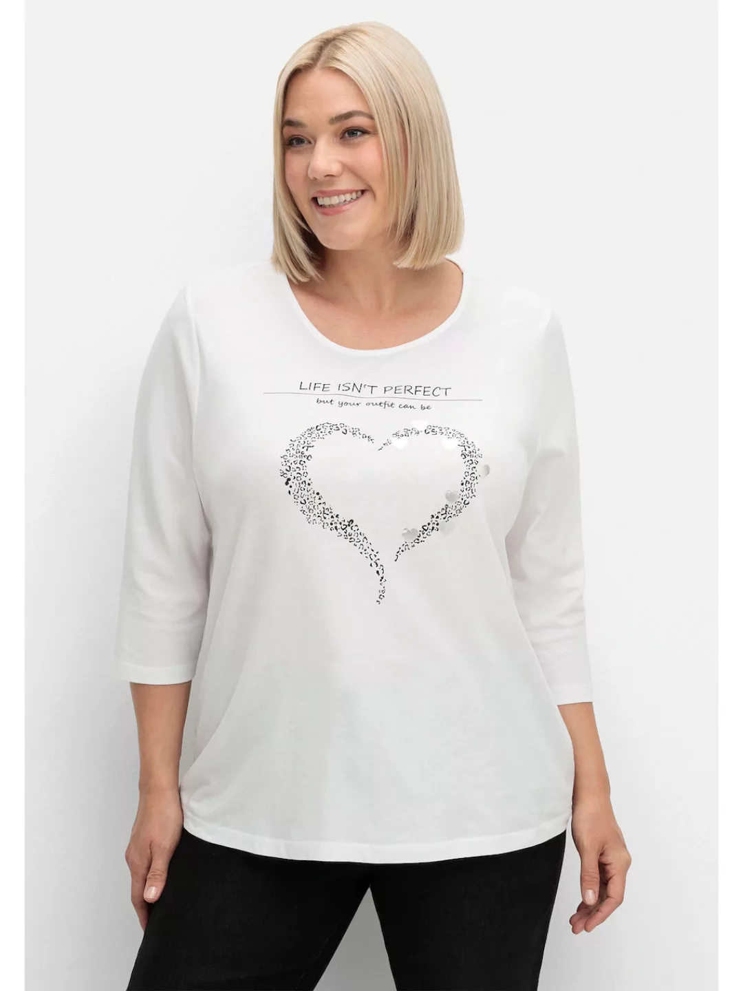 Sheego 3/4-Arm-Shirt "Große Größen", mit Herzmotiv und Glitzerdetails günstig online kaufen