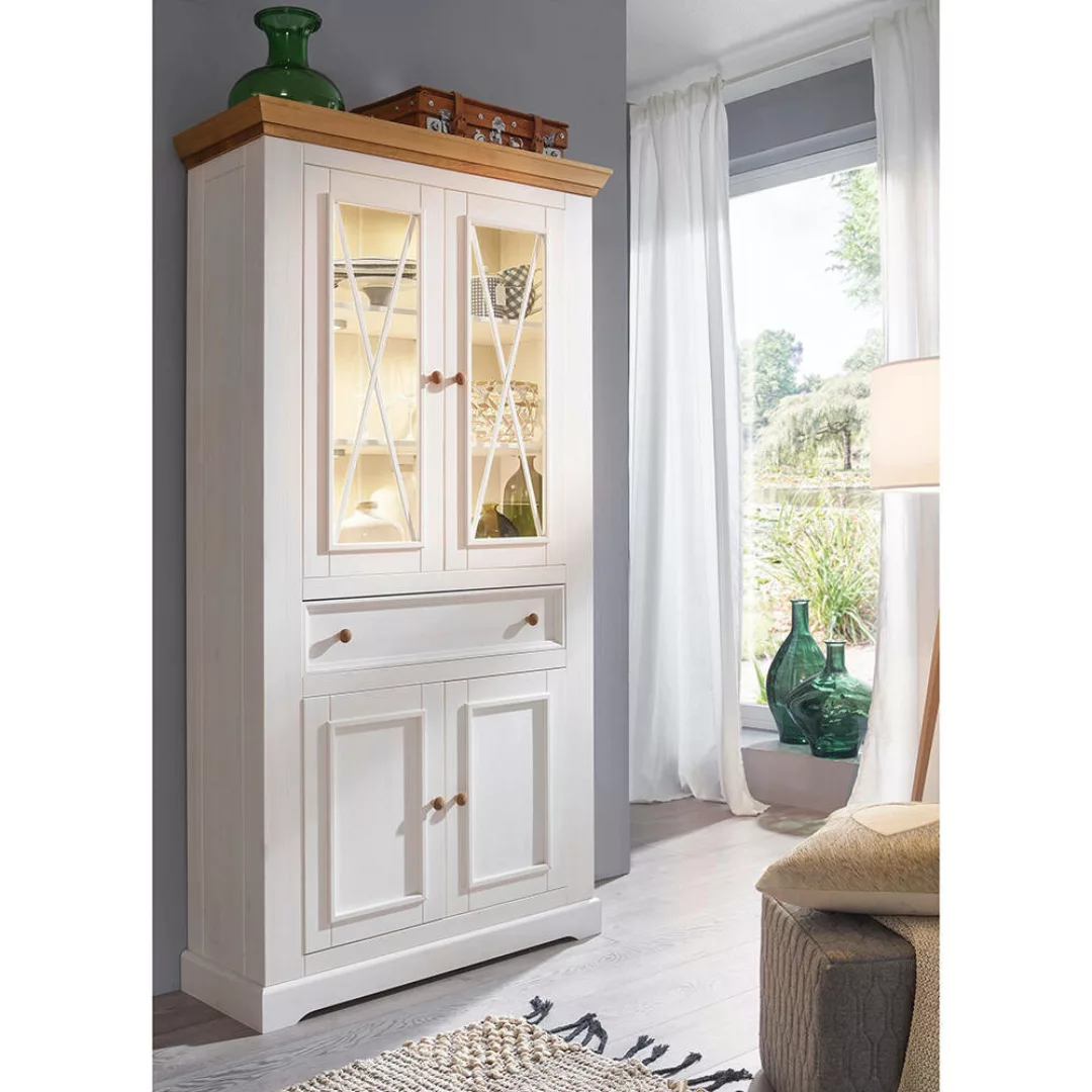 Vitrine 109cm breit Kiefer weiß mit Eiche, WARNA-69 günstig online kaufen