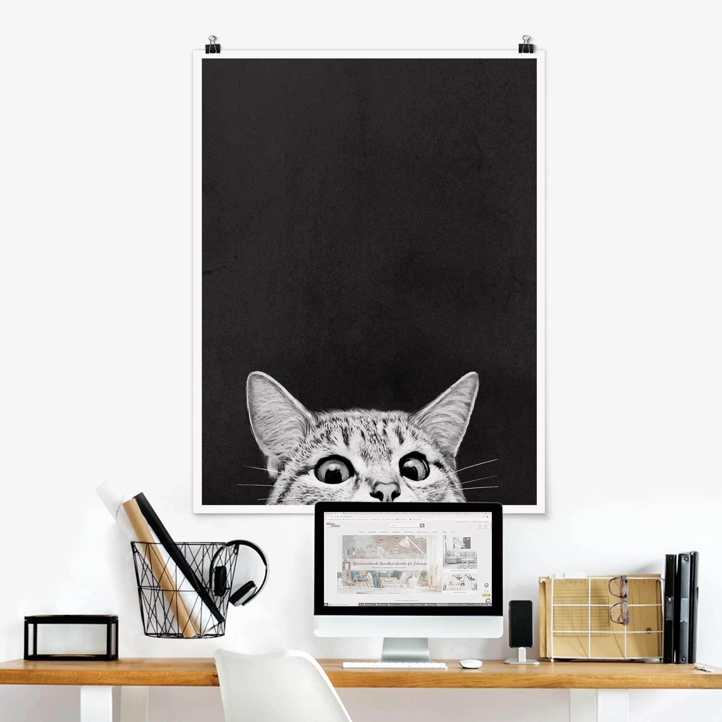 Poster Tiere - Hochformat Illustration Katze Schwarz Weiß Zeichnung günstig online kaufen
