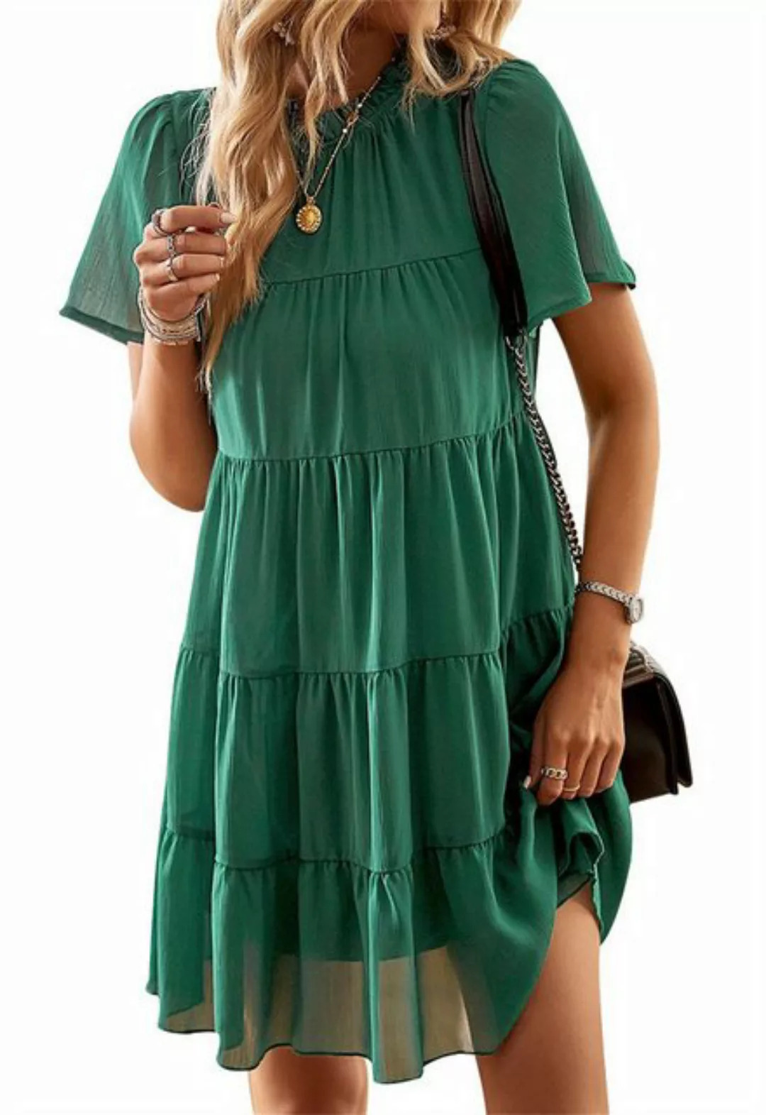 ZWY Ballonkleid Einfarbige kurzärmelige Kleid, Rundhalsausschnitt A-Linie K günstig online kaufen