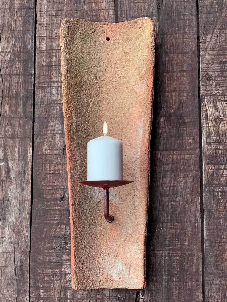 Echt Antiker Dachziegel mit Kerzenhalter Klein Mediterran Wandkerzenhalter günstig online kaufen