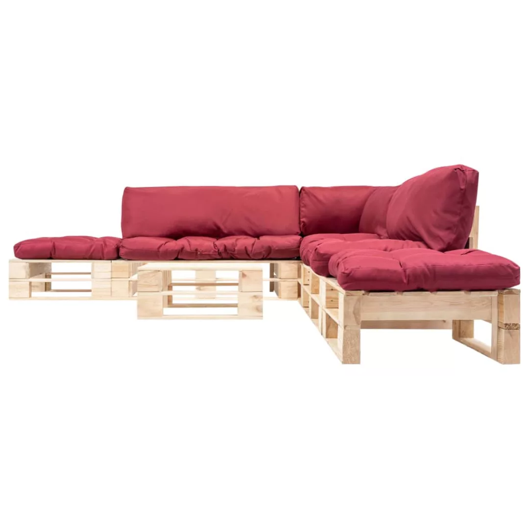 6-tlg. Garten-paletten-sofagarnitur Mit Roten Kissen Holz günstig online kaufen
