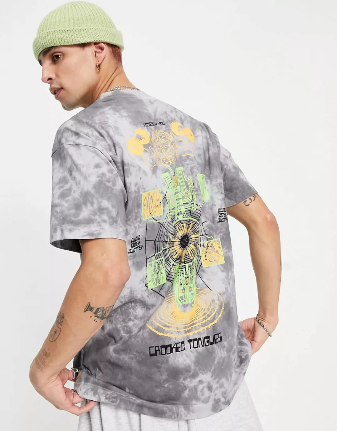 Crooked Tongues – T-Shirt mit Batikmuster in Grau-Weiß günstig online kaufen