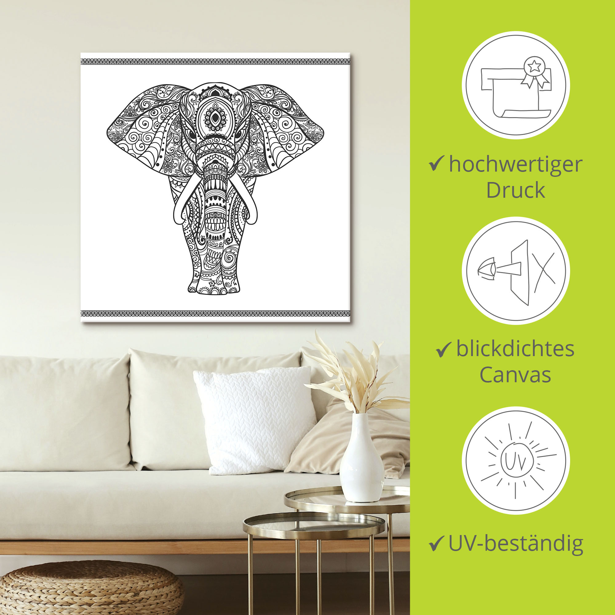 Artland Wandbild »Elefant in Mandala«, Wildtiere, (1 St.), als Leinwandbild günstig online kaufen