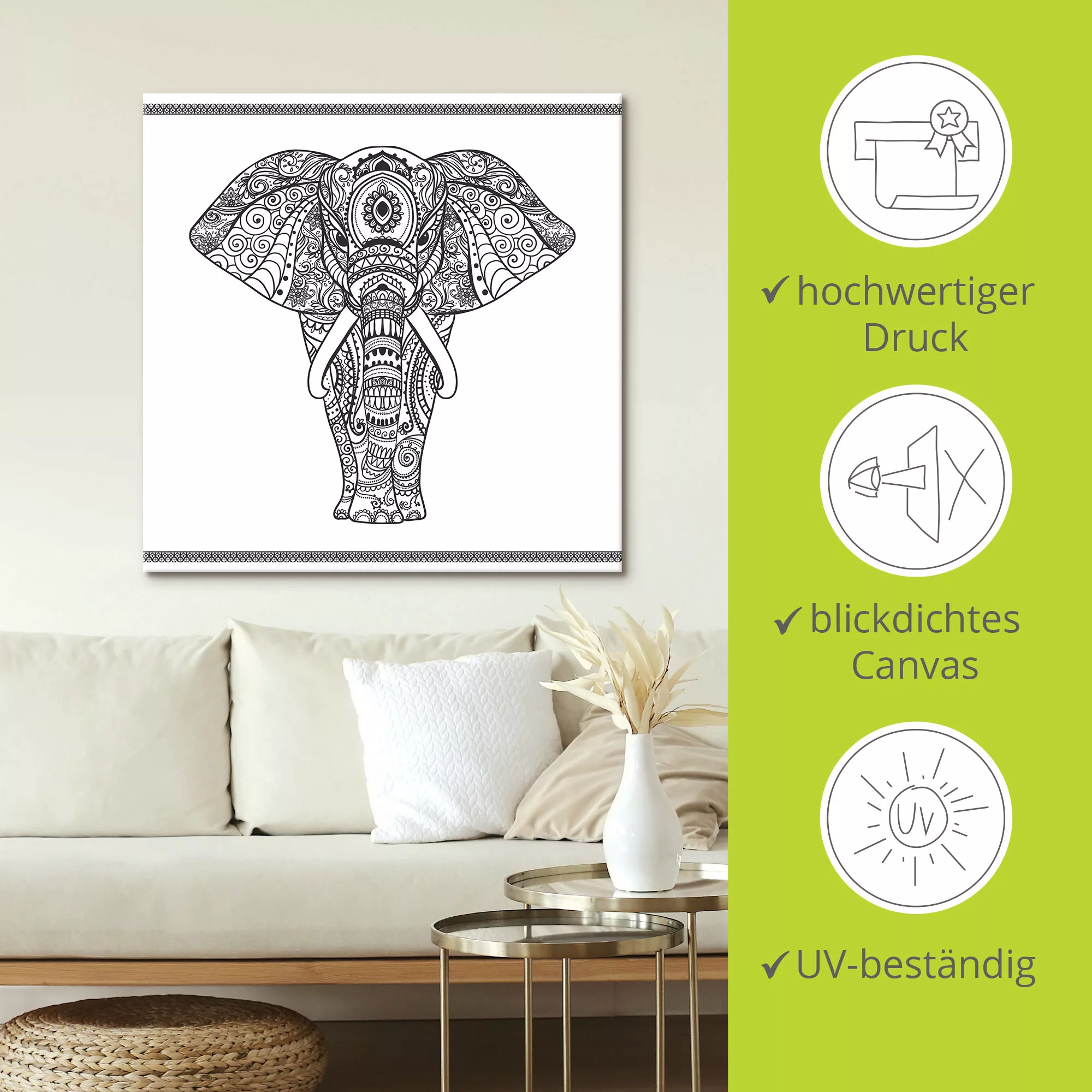 Artland Wandbild "Elefant in Mandala", Wildtiere, (1 St.), als Leinwandbild günstig online kaufen