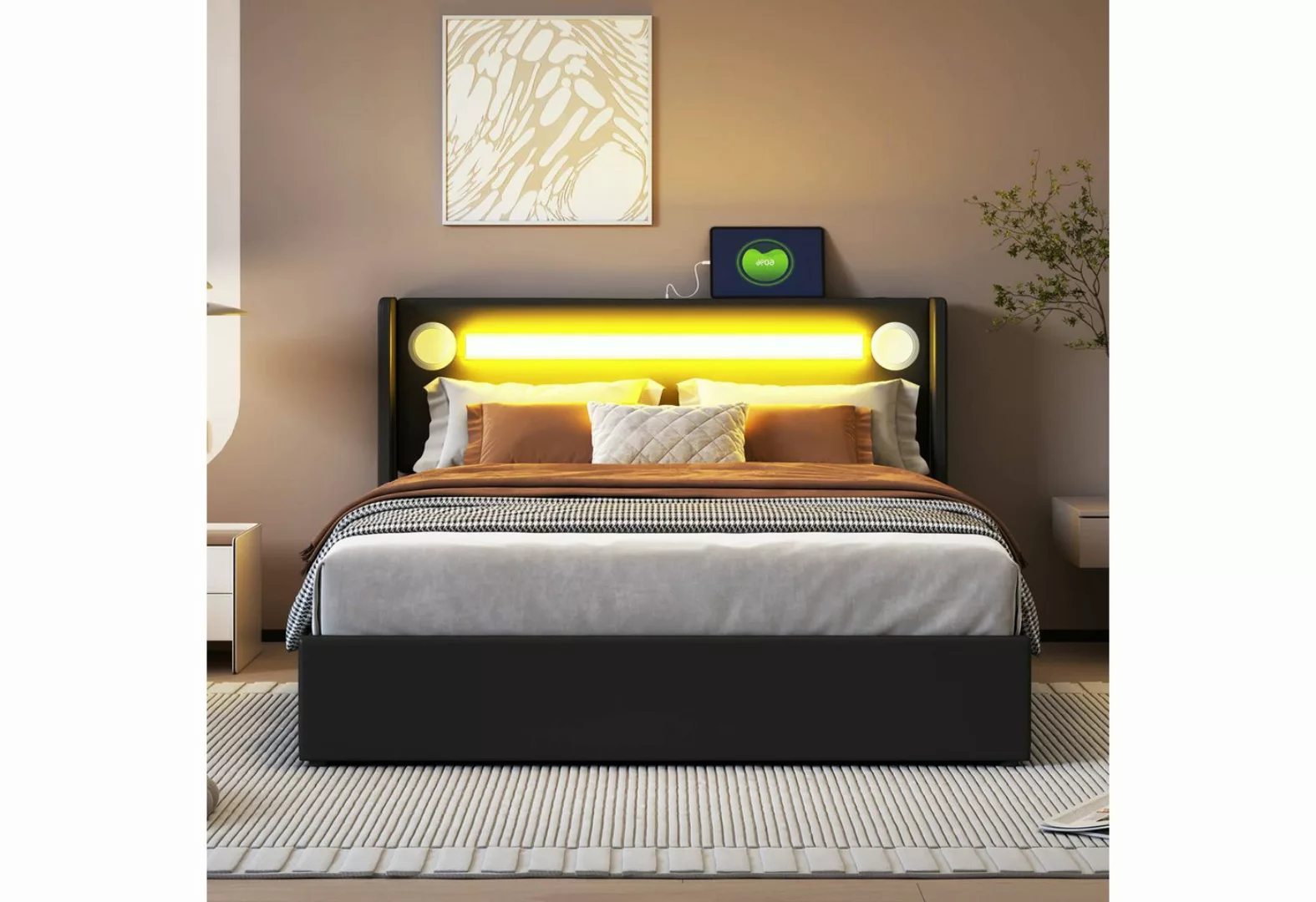 IDEASY Polsterbett 140x200 Bett mit LED-Lichtleiste, Bluetooth-Player und U günstig online kaufen