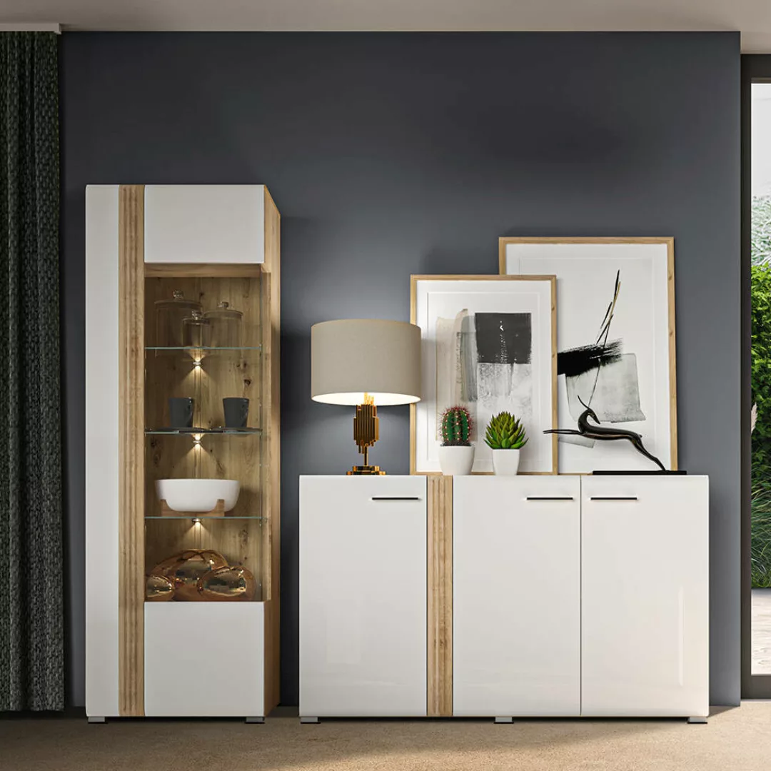 Vitrinenschrank Set mit Sideboard AKRON-131 in Eiche Nb. mit Fronten in Hoc günstig online kaufen