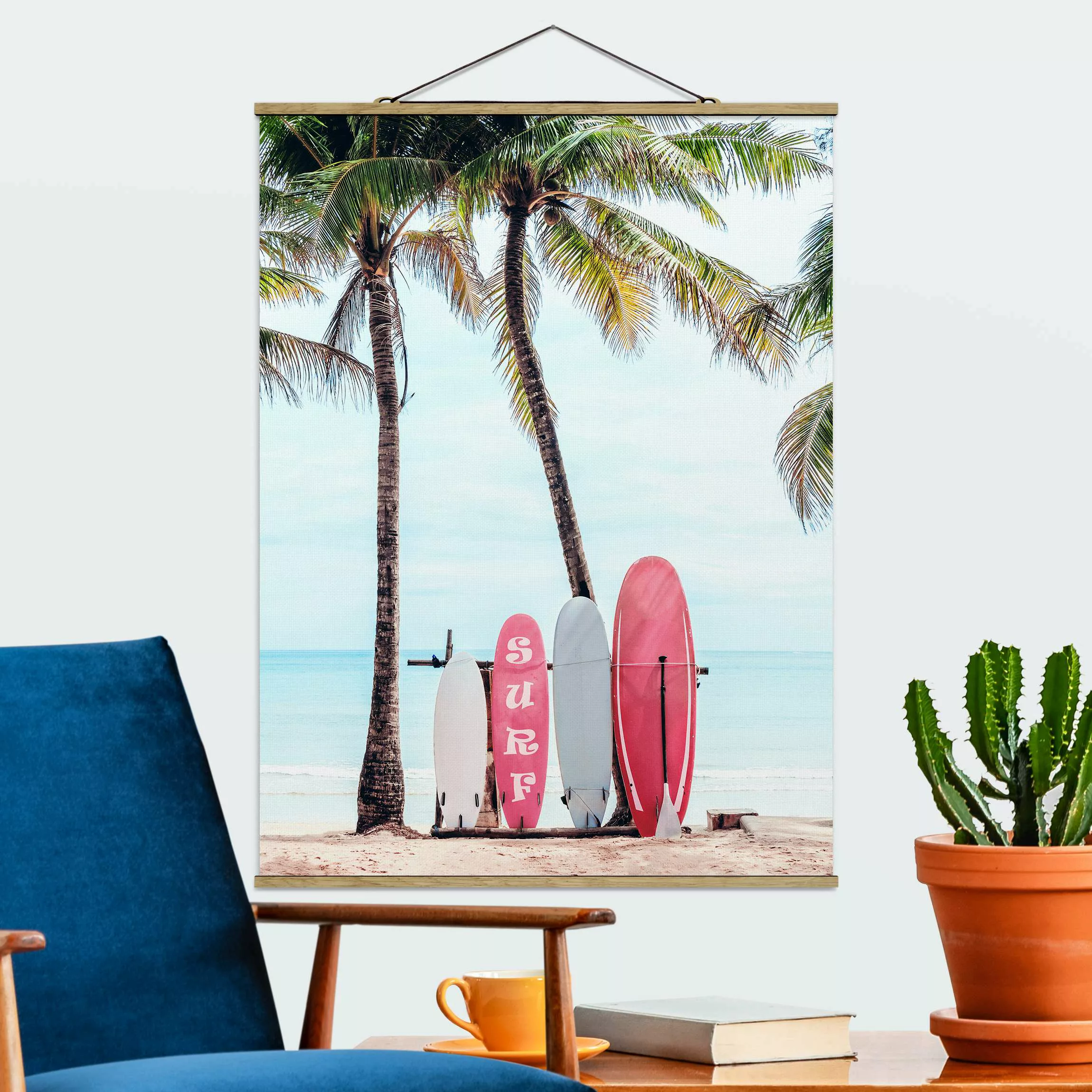 Stoffbild mit Posterleisten Rosa Surfboards unter Palmen günstig online kaufen