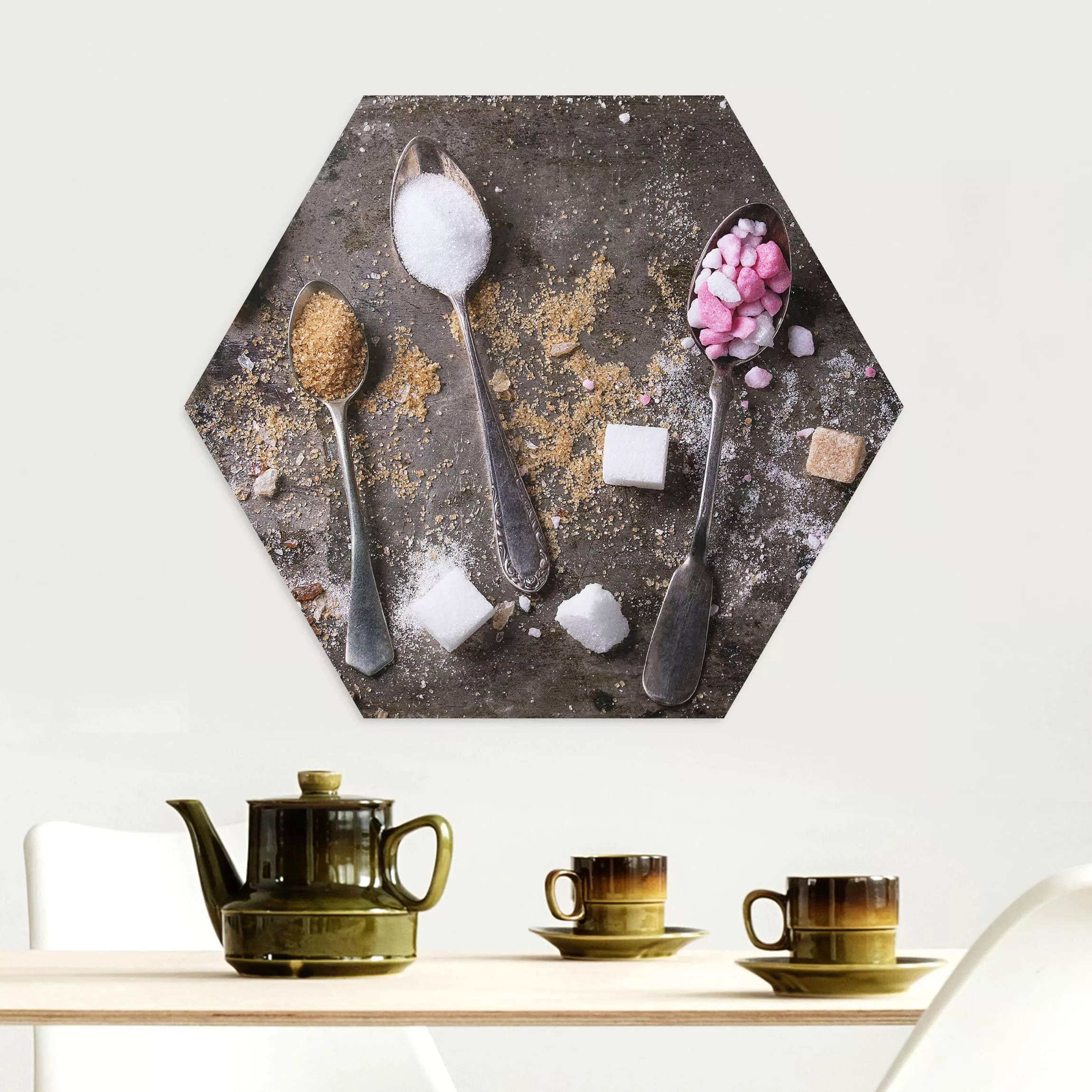 Hexagon-Alu-Dibond Bild Küche Vintage Löffel mit Zucker günstig online kaufen