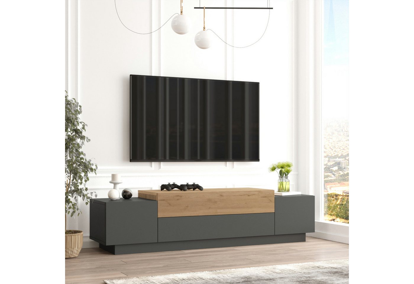 en.casa TV-Schrank Fernsehschrank »Firås« 160x38x39 cm Eiche/Anthrazit günstig online kaufen
