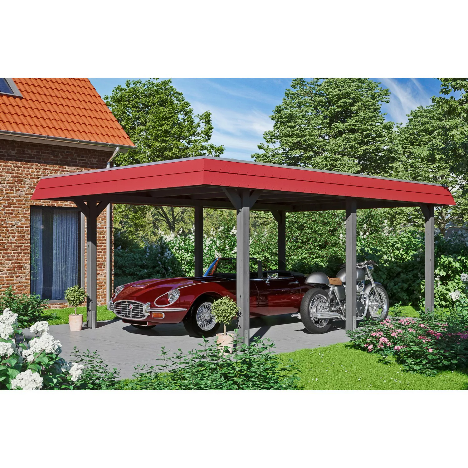 Skan Holz Carport Wendland Schiefergrau 409 x 628 cm Alu-Dach Blende Rot günstig online kaufen
