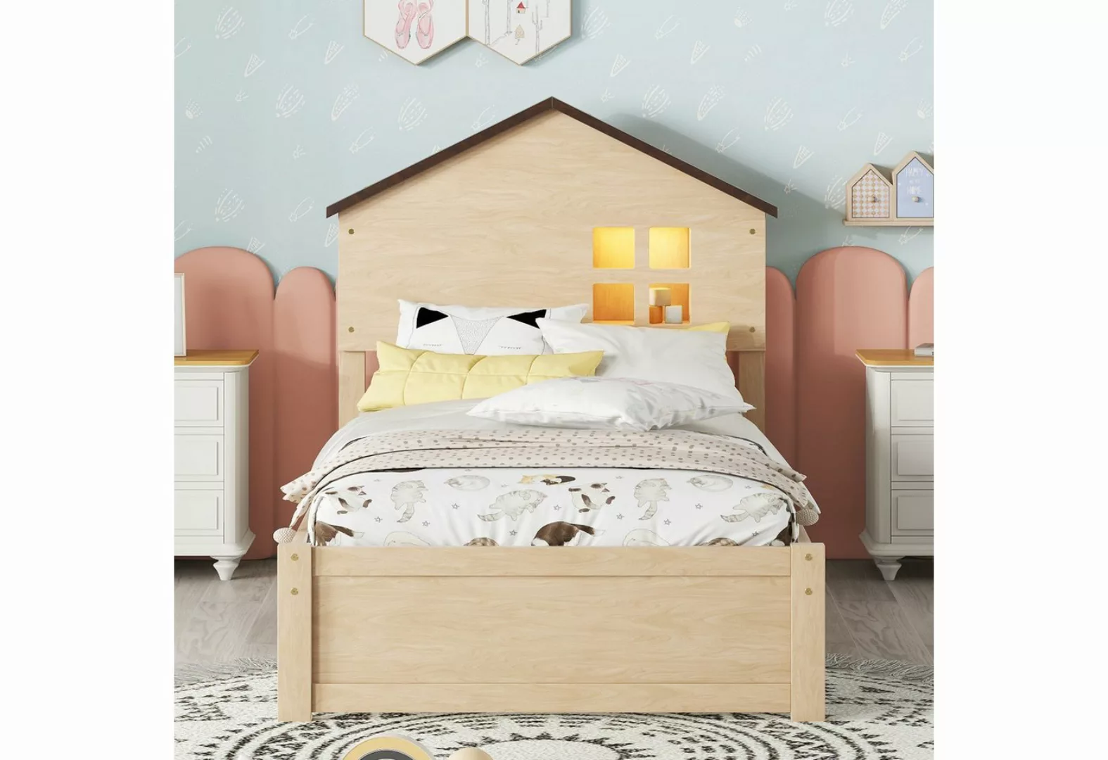 Flieks Kinderbett, Holzbett Hausbett 90x200cm mit Fensterdekoration und LED günstig online kaufen
