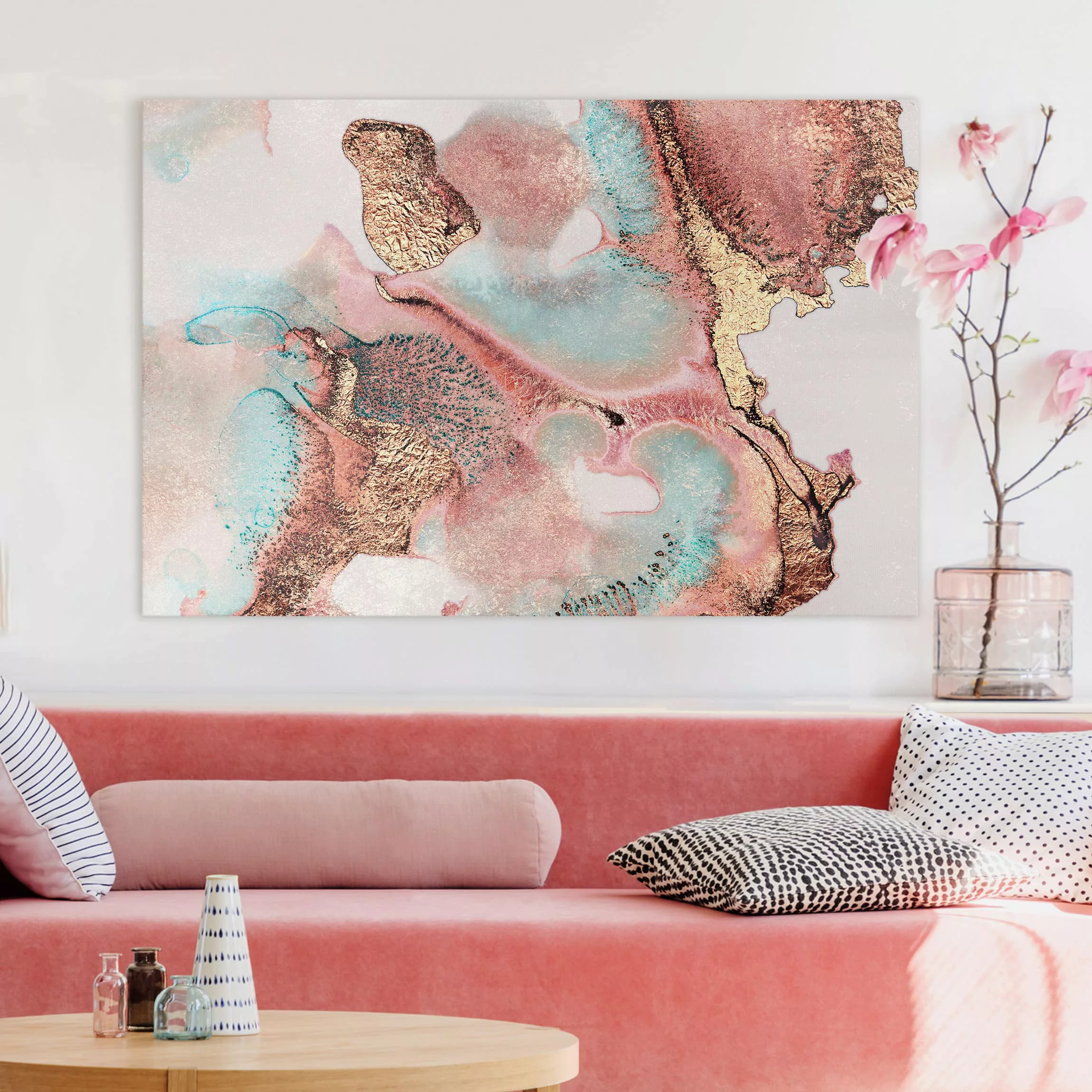 Leinwandbild Abstrakt - Querformat Goldenes Aquarell Rosé günstig online kaufen