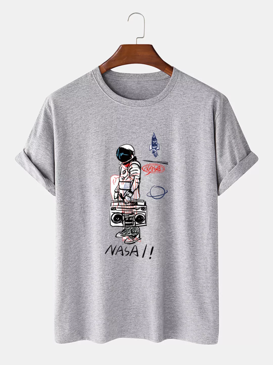 Herren Astronaut Print Baumwolle Casual Loose O-Neck T-Shirts günstig online kaufen