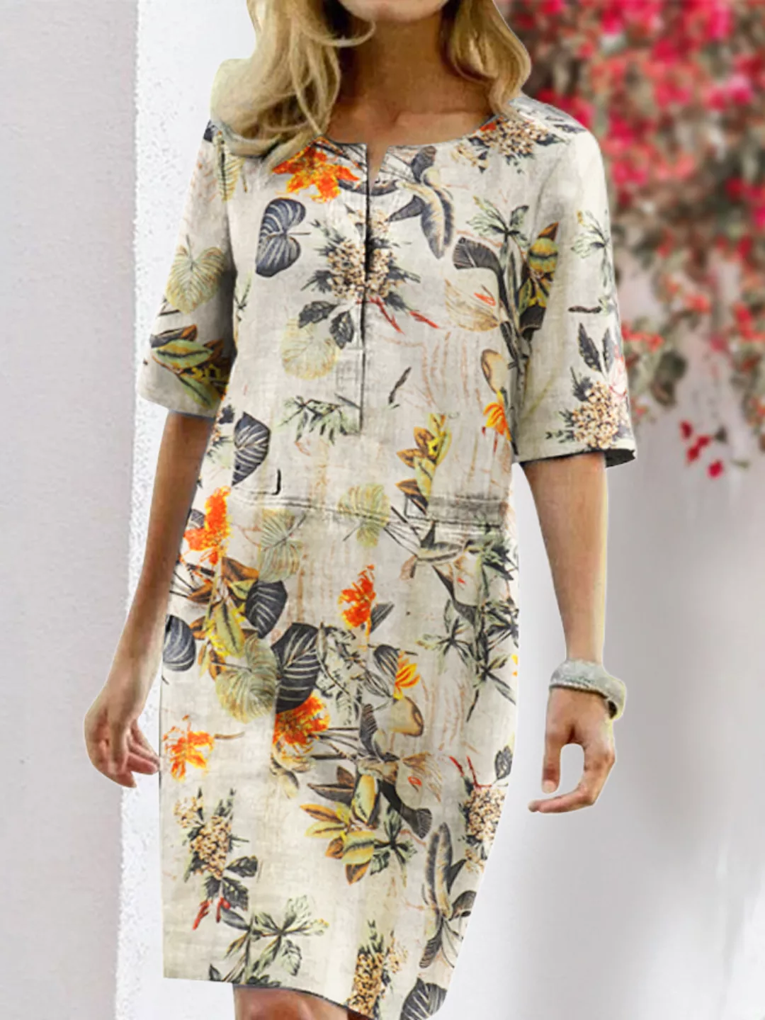 Blumendruck Split O-Ausschnitt Halbarm Casual Cotton Kleid günstig online kaufen