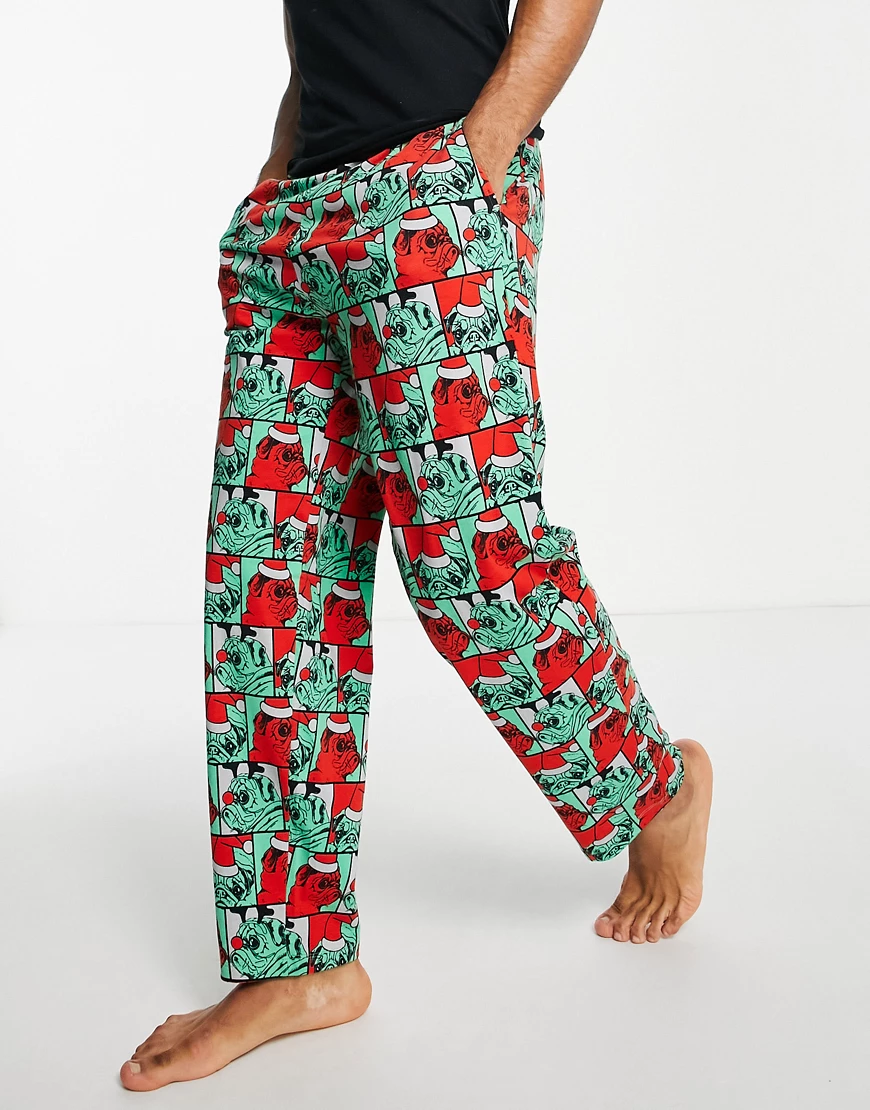 ASOS DESIGN – Weihnachtliche Lounge-Hose mit Mops-Print-Mehrfarbig günstig online kaufen