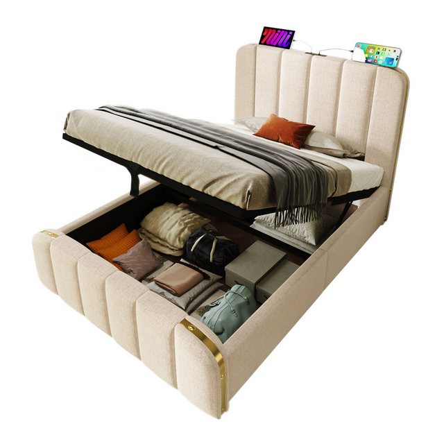 BlingBin Einzelbett Polsterbett Doppelbett (1-tlg., 90×200 cm, Beige Leinen günstig online kaufen