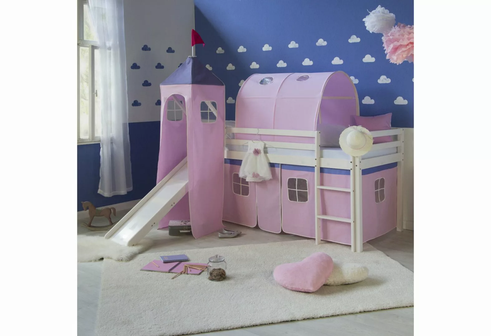 Homestyle4u Hochbett Kinderbett mit Leiter und Vorhang Weiß Rosa Holz Trepp günstig online kaufen