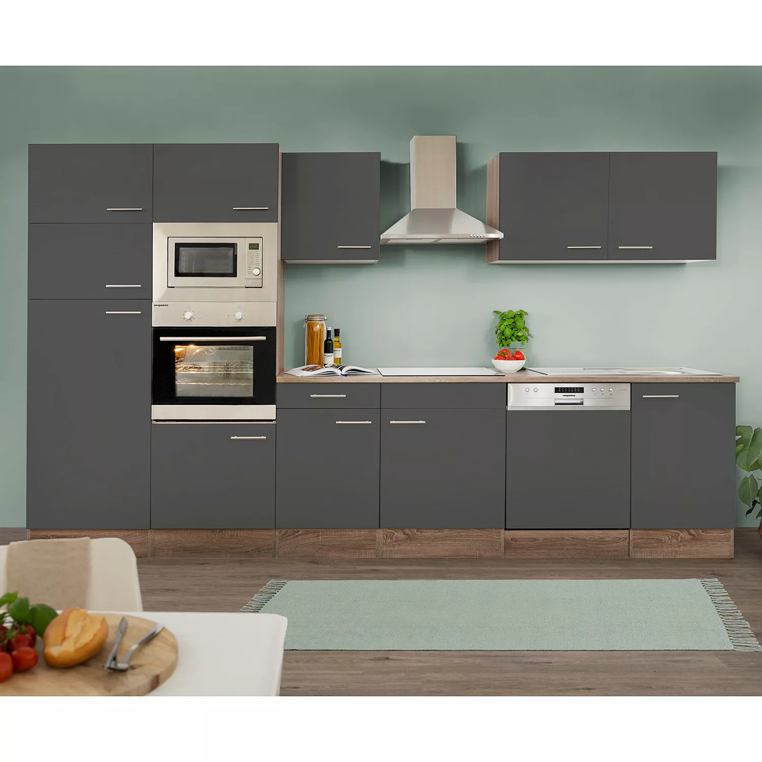 Respekta Küchenzeile KB340EYGMIGKE 340 cm Grau Seidengl.-Eiche York Nachbil günstig online kaufen