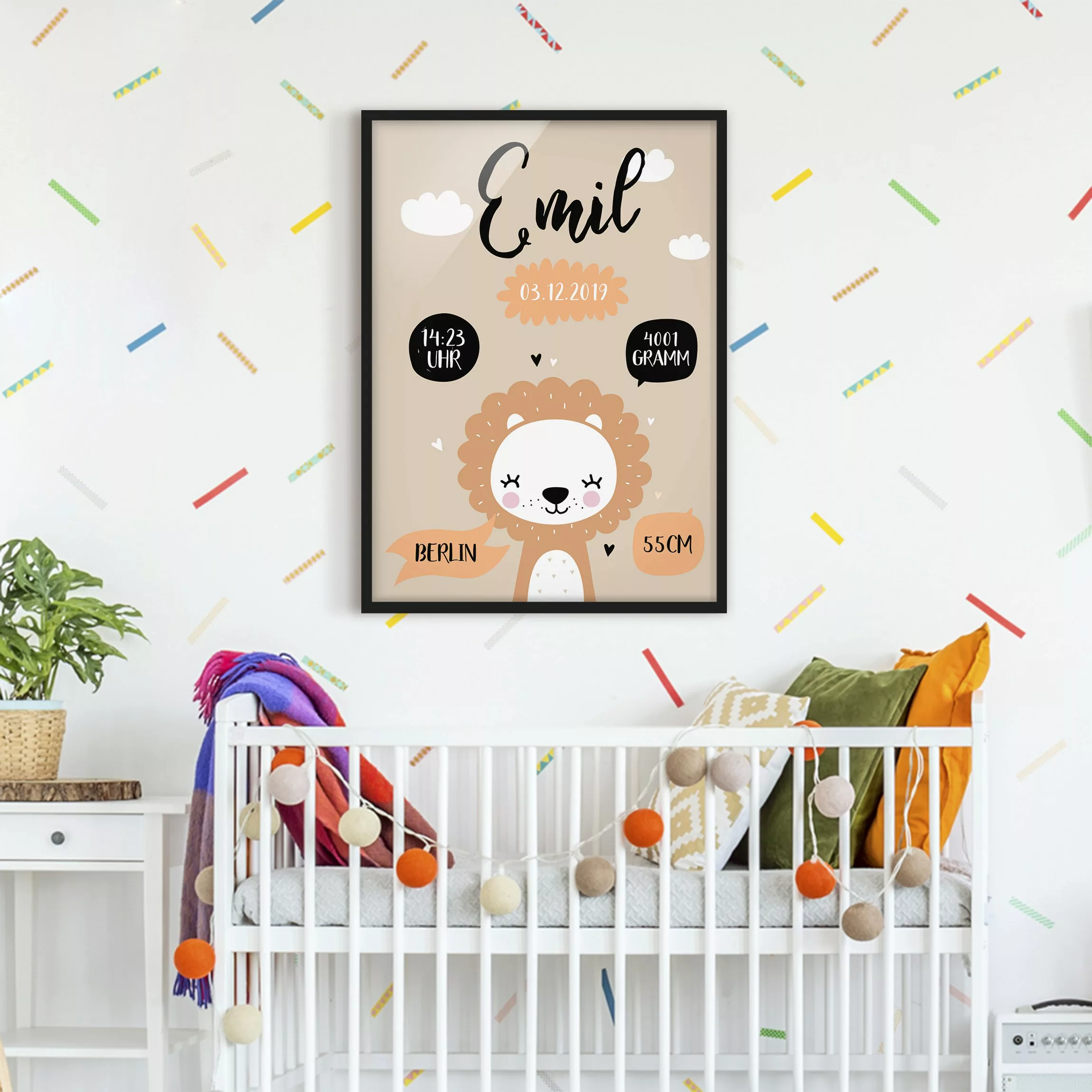 Bild mit Rahmen Kinderzimmer - Hochformat Der liebe Löwe Wunschtext günstig online kaufen