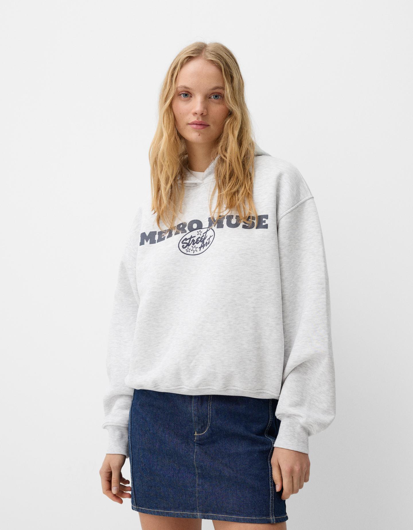 Bershka Hoodie Mit Print Damen M Grau günstig online kaufen