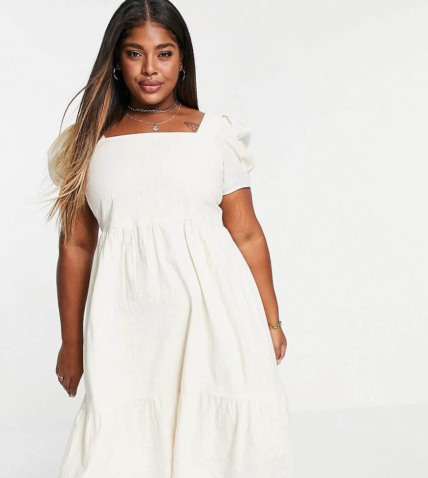 Vero Moda Curve – Midikleid aus Bio-Baumwolle mit Puffärmeln in Creme-Weiß günstig online kaufen